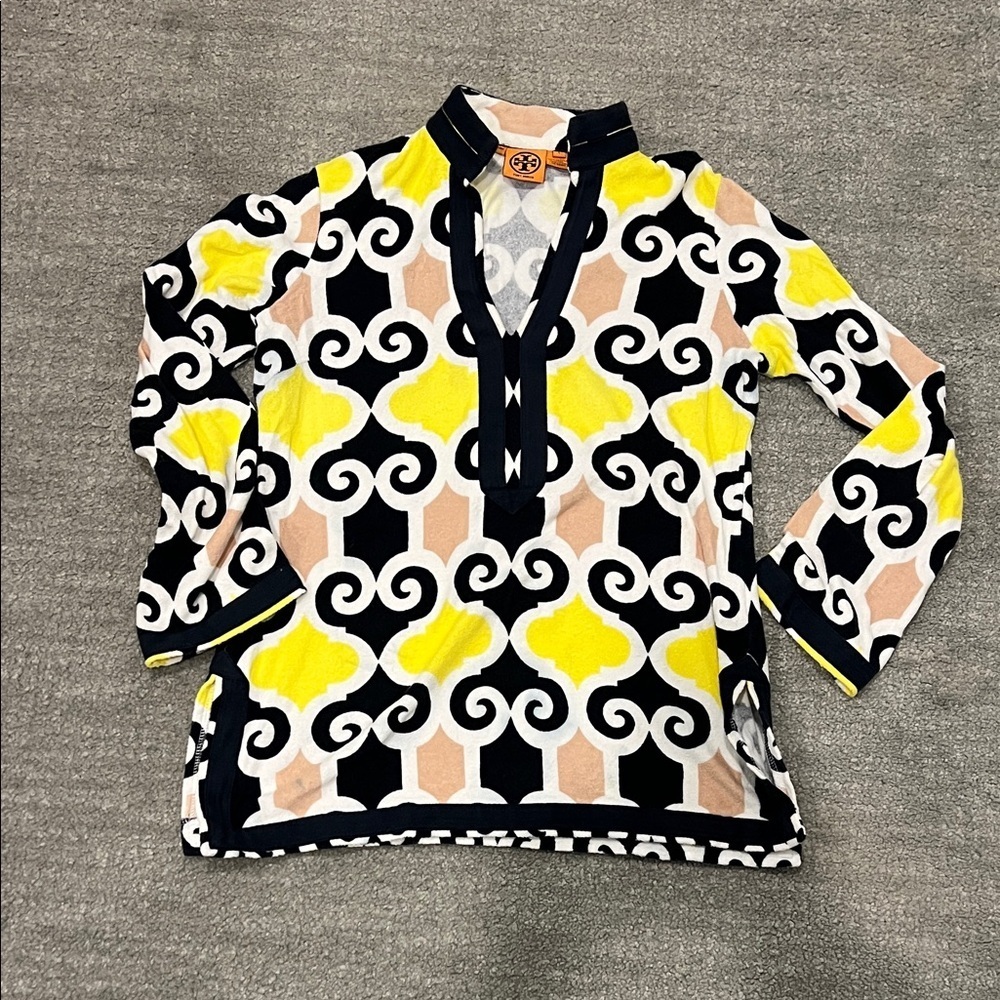 Tory Burch Navy, Yellow & Cream Geometric Tunic/coverup velour